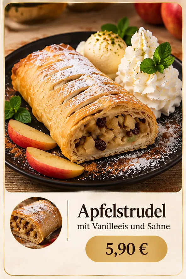 Apfelstrudel mit Vanilleeis und Sahne