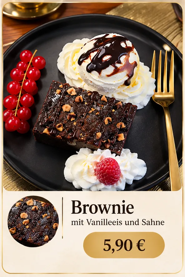 Brownie mit Vanilleeis und Sahne