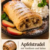 Apfelstrudel mit Vanilleeis und Sahne